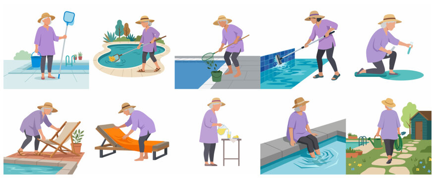 Senior Woman Performing Pool Maintenance and Leisure Activities Vector Character Set