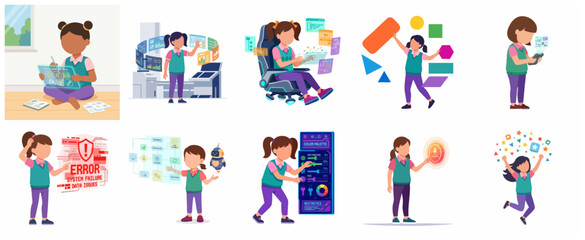 Fototapeta premium Young girl character set interacting with futuristic technology, coding interfaces, robotics, and data visualization for STEM education