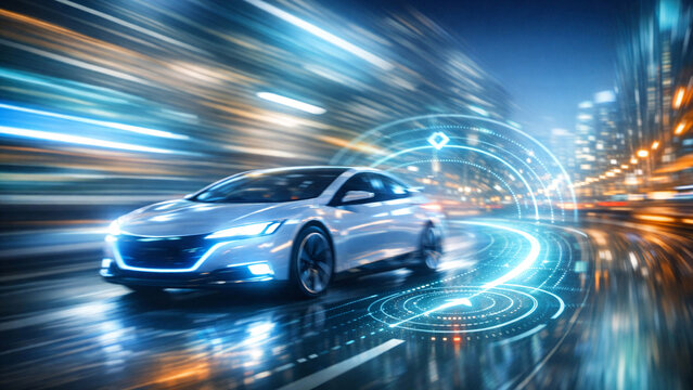 Electric car with futuristic design driving on city street at night, showcasing speed and advanced technology.