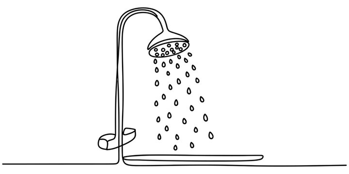 Continuous single line drawing of a bathroom shower head with water drops falling down Vector, illustration