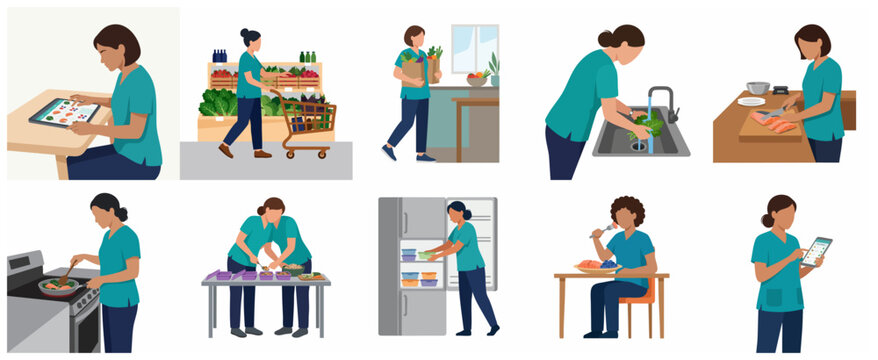 Healthcare Professional Woman in Scrubs Healthy Lifestyle Activities and Meal Prep Routine Illustration Set