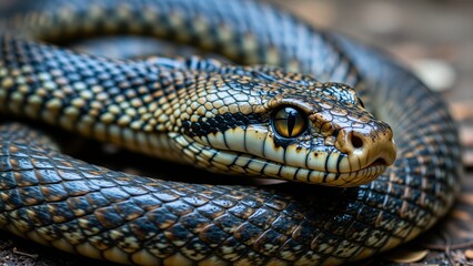 Fototapeta premium Snake Portrait: A detailed close-up of a viper's head, showcasing its intricate scales, piercing gaze, and coiled body, evoking a sense of primal beauty and the raw power of nature.