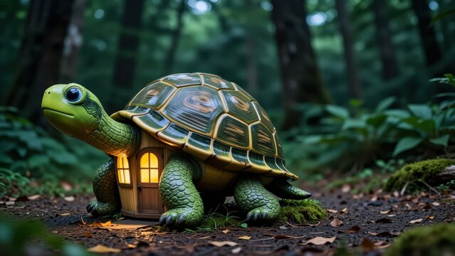 Whimsical Turtle Home: A surreal image of a turtle with a small, glowing house built onto its shell, nestled in a dark, enchanting forest path, evoking a sense of fantasy and wonder.