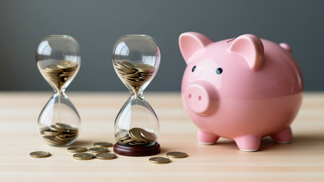 Time is Money: A piggy bank sits beside two hourglasses filled with coins, symbolizing the passage of time and the accumulation of wealth.