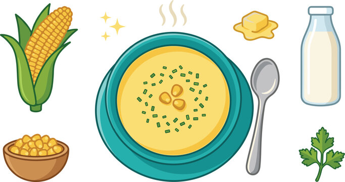 Hot Corn Soup and Chowder Cooking Recipe Vector Icon Set Featuring Bowl, Milk Bottle, Butter, Kernels, Spoon, and Parsley Elements