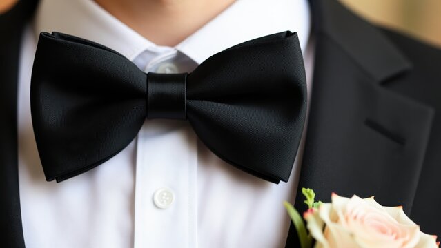 Elegance Embodied: A classic black bowtie adorning a crisp white shirt, paired with a sharp suit jacket, signifying sophistication and formal attire.