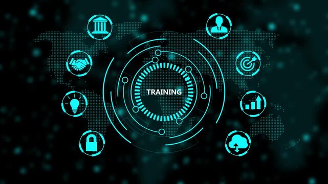 Digital training and development hud interface with global business and network connectivity animation