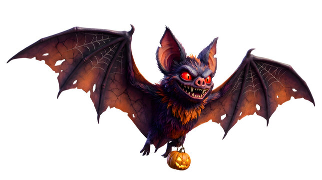Spooky Halloween bat illustration, cartoon vampire bat with glowing red eyes, flying creature for spooky designs, scary animal for festive holiday graphics, dark fantasy character with a pumpkin.