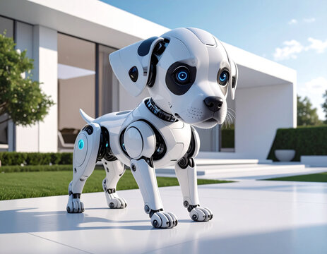 近未来のスマートホームで暮らす白いAIロボット犬のペット　テクノロジー