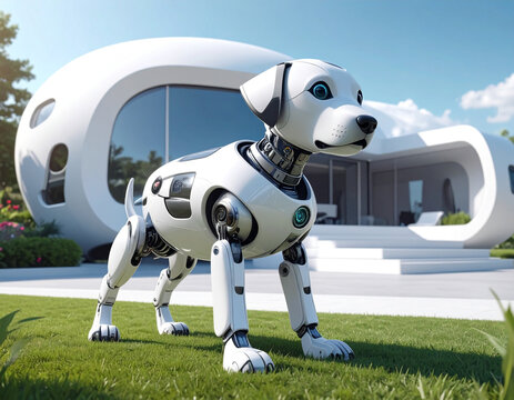 近未来のスマートホームで暮らす白いAIロボット犬のペット　テクノロジー