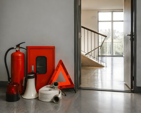 Fire evacuation essentials beside doorway showcasing emergency exit planning and safety preparedness solutions
