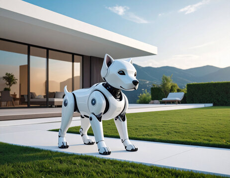 近未来のスマートホームで暮らす白いAIロボット犬のペット　テクノロジー