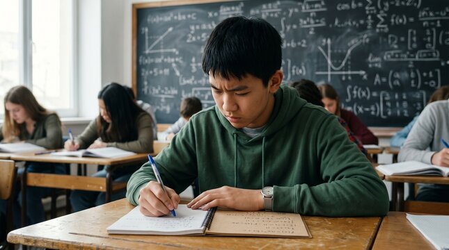 Asian male student solving math equations in busy classroom with diverse classmates studying.