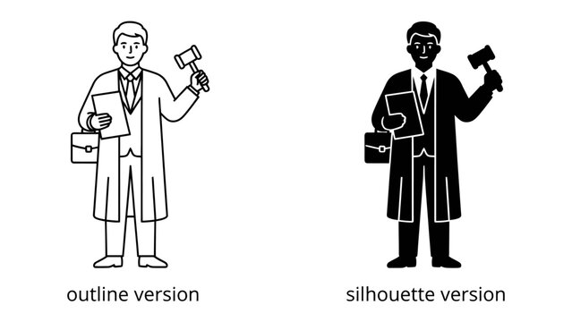 Lawyer or Judge in Formal Attire: A stylized depiction of a legal professional, holding a gavel and briefcase, presented in both outline and silhouette versions, representing justice and authority.