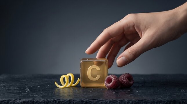 A person reaching toward a translucent cube marked with letter c near fresh berries with positioned beside vibrant raspberries curled lemon peel dark