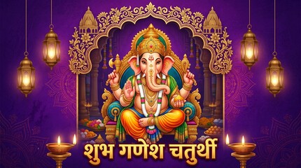 Fototapeta premium Beautiful golden statue of lord ganesha with ornate arch and lanterns for religious celebration