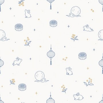 A beautiful seamless pattern showcasing mooncakes lanterns and playful rabbits in celebration of the mid autumn festival