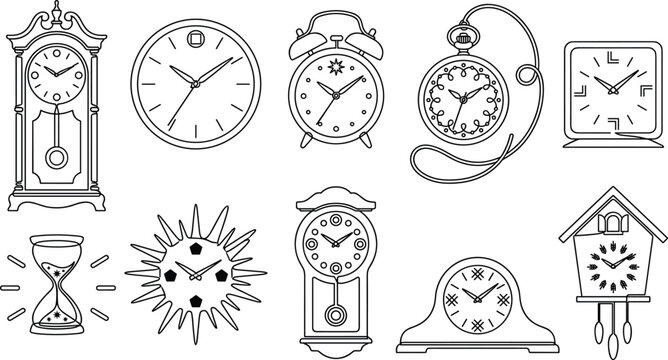 Vintage and Modern Clock Vector Outline Icon Set with Grandfather Clock, Hourglass, Pocket Watch, Alarm, and Cuckoo Clock for Graphic Designs