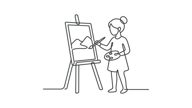 Creative Girl Painting Landscape on Easel