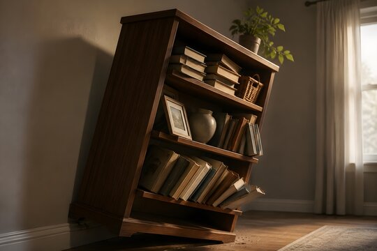 Unstable bookshelf with falling objects illustrating home tipping hazards and accident prevention awareness