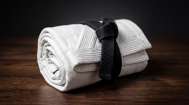 Martial arts gear, a neatly folded white ju-jitsu gi tied with a black belt on a dark wooden surface