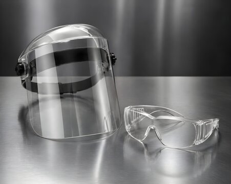Protective face shield and safety glasses on stainless table highlighting essential workplace protective equipment solutions