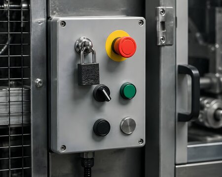 Locked machinery control panel with emergency stop button highlighting industrial safety and operational protection