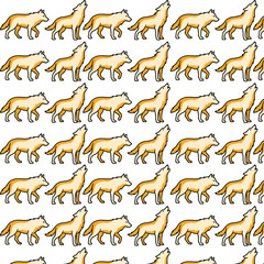 Obraz premium Gold wolf outline seamless pattern illustration on white background, animal repeating design for textile fabric and wallpaper print art