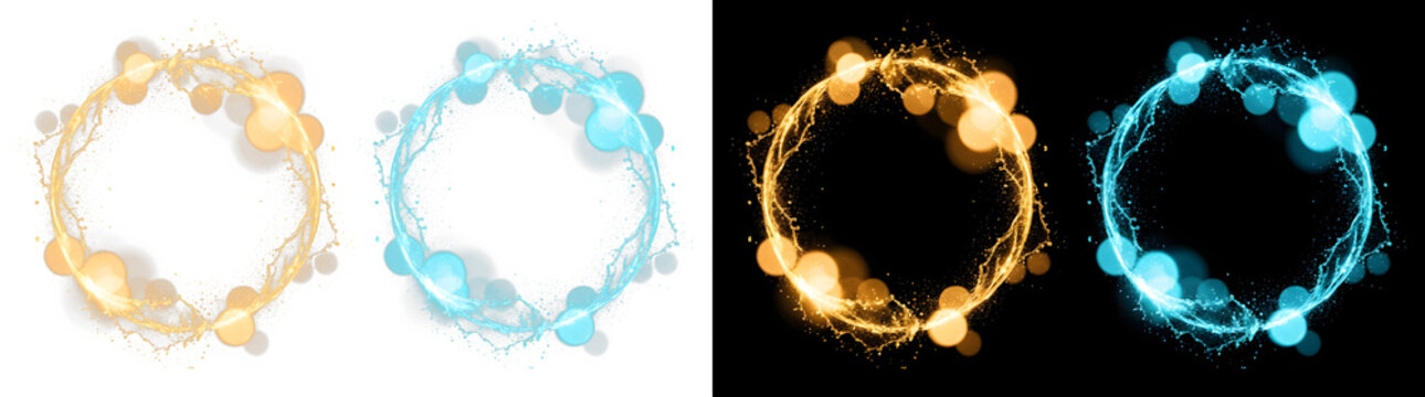 Circular glowing light rings with floating magic particles abstract particle isolated background