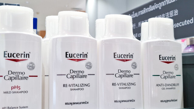 Eucerin Dermo Capillaire scalp care shampoo bottles displayed on store shelf in pharmacy on July 20, 2026 in Bangkok,  Thailand 