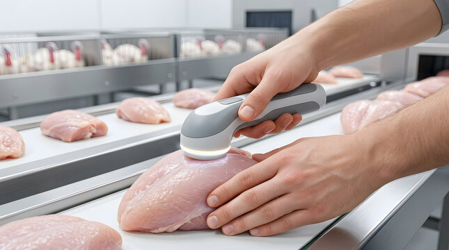 Worker Hands Scanning Raw Chicken Breast with Handheld Device on Conveyor Belt in Poultry Processing Plant