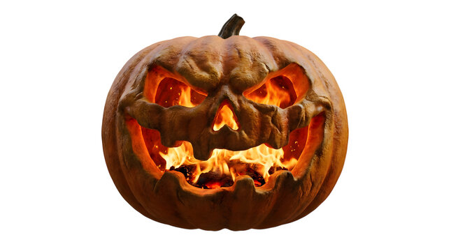 Spooky Halloween pumpkin, a carved jack-o'-lantern with glowing fiery eyes and mouth, traditional autumn holiday decoration, isolated on white background for seasonal design elements