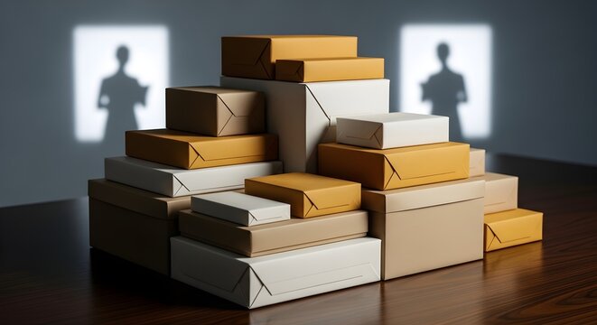 Stacked Cardboard Shipping Boxes on a Table with Blurred Figures in the Background