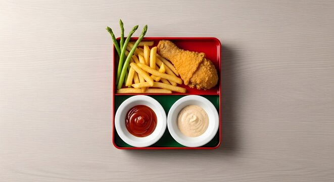 Fried Chicken with French Fries and Asparagus Served in a Bento Box with Dipping Sauces