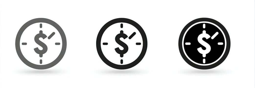 Time is money icon set in gray, black, and white. Circular dial with dollar sign