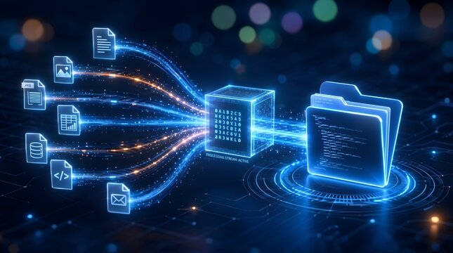 Futuristic digital folder processing data streams. Glowing icons for documents, images, and code converting into organized cloud storage and database archive.