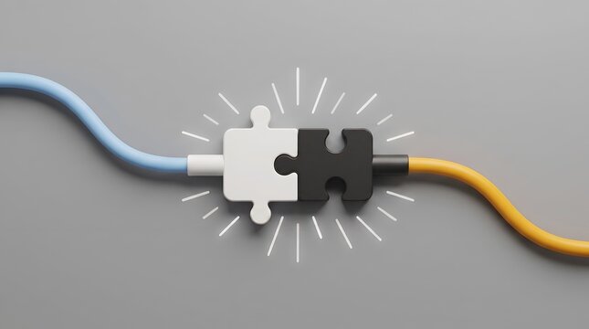 Two puzzle pieces, one white and one black, connecting as cable plugs. Concept of teamwork, integration, problem solving, networking, and perfect match finding.