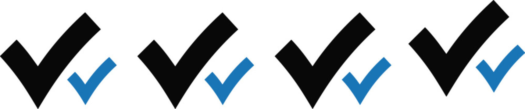 Double check mark pattern collection illustration, black blue verification design, repetitive approval symbol artwork,