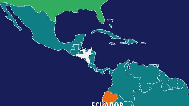Flight Map Animation Showing Airplane Route Travelling From USA to Ecuador. Perfect visual for video editors, content creators, and marketing agencies needing high-end geographical transitions.