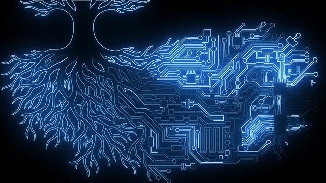 Neon blue digital tree animation with intricate glowing circuit board root system merging organic and technical design.