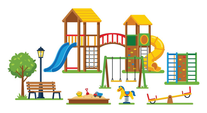 Playground scene with slides swings and climbing structures a colorful vector illustration play area childrens playground kids playground play equipment