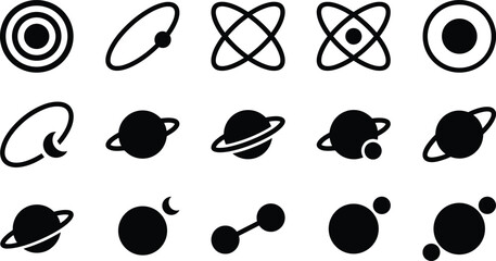 Black silhouette vector icon set featuring ringed planets, atomic orbits, and astronomy symbols for science design © creativeDesigner2023