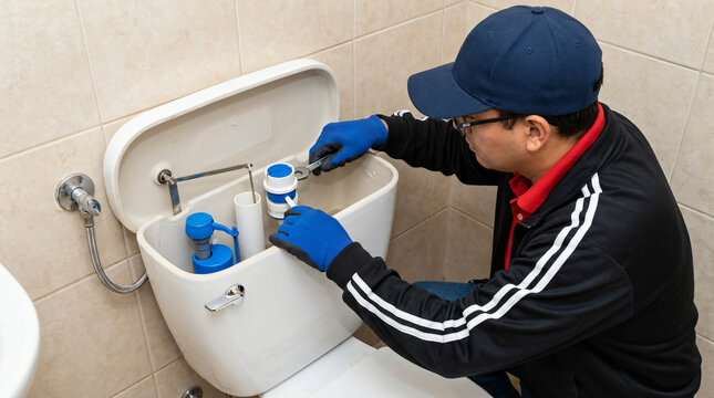Plumber repairing a toilet cistern, fixing a broken flush mechanism in a bathroom.