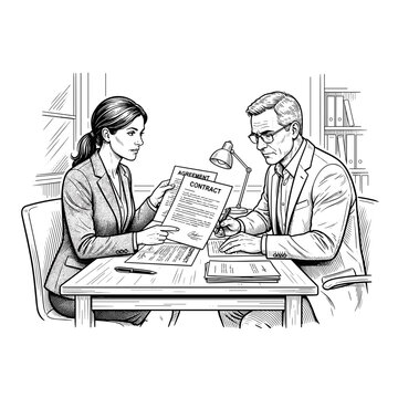 Lawyers examining legal contract together. Line art for law firms