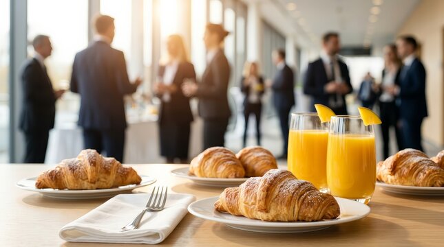 Delicious croissants and multifruit juice served at a business networking event.