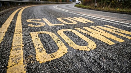 Fototapeta premium Close up view of worn road marking warning drivers to slow with visible wear tear traffic over time painted asphalt instructing perspective faded yellow