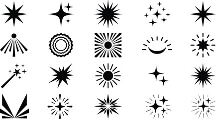 Black silhouette vector icon set of stars, sparkles, sunbursts, magic wands, and shining light ray effects © creativeDesigner2023