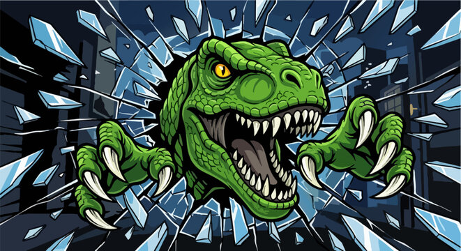 Green T-Rex Dinosaur Breaking Through Glass Vector Illustration