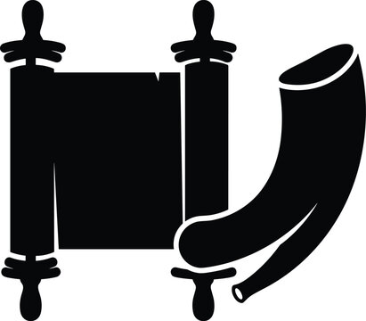 Black silhouette vector illustration of a traditional Jewish Torah scroll and Shofar horn for religious holiday design.