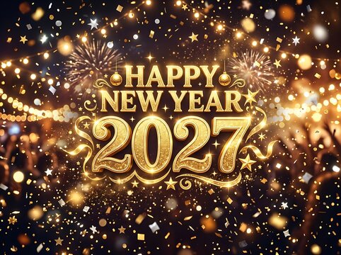 Happy new year 2027 with fireworks, confetti, and golden string lights celebrating a joyous night with a crowd.